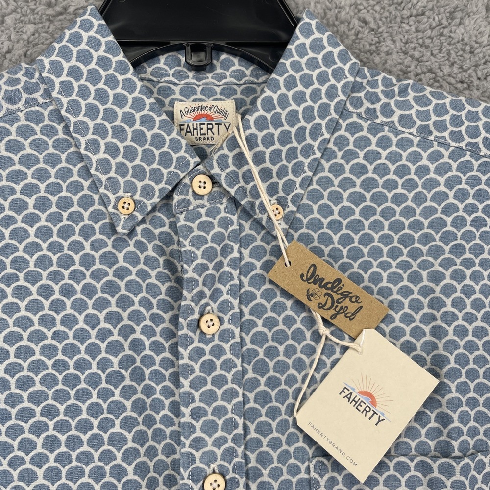 Faherty Mens Small Shirt Indigo Dyed Organic Cotton Short Sleeve Blue Geometric